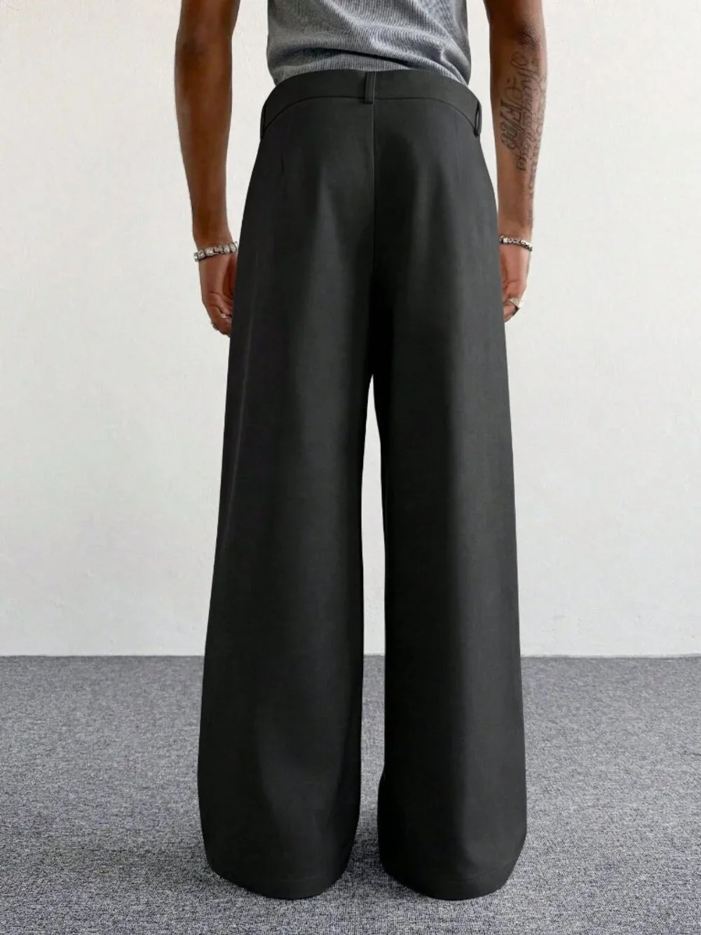 Black Casual Men's Loose Zipper Fly Button Pocket Wide Leg Trousers